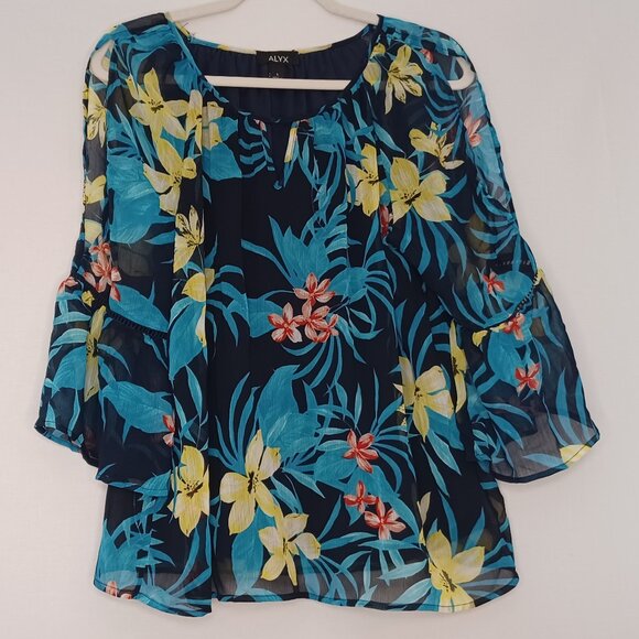 Women's ALYX Polynesian Tiki Hawaiian Floral Sheer w/ solid lining Top Sz Large - Picture 1 of 10